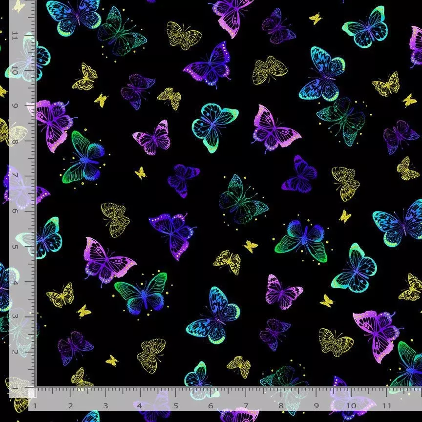 Luminous Tossed Butterflies & Dots Metallic Black Chong-A Hwang Timeless Treasures Cotton Fabric TT-FLORA-CM2990-BLACK